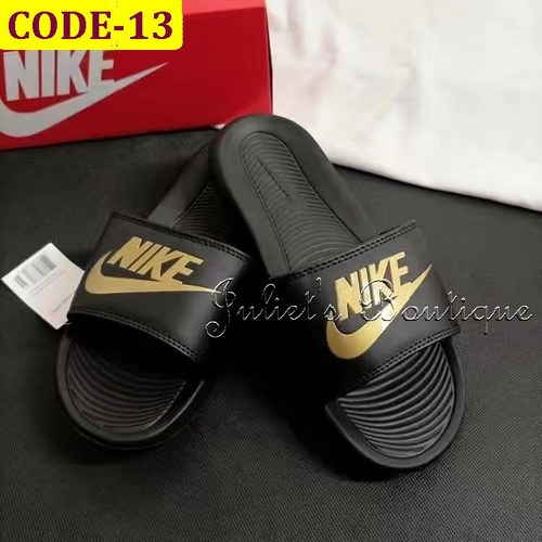 Black and cheap gold nike slippers